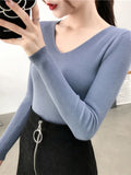 Bonnyshow Spring Autumn V Neck Women Sweater Casual Long Sleeve Slim-fit Tops Knitted Pullover Sweaters Femme Basic Solid Pull Clothes