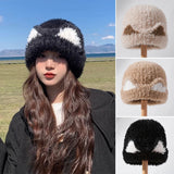 Bonnyshow Cute Cat Ears Beanie Hats for Women Autumn Winter Warm Plush Knitted Cap Cartoon Thick Faux Fur Female Cycling Hats