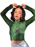 Bonnyshow Casual Green Snake Print T Shirt Women Mesh Top Long Sleeve Transparent Snakeskin Female T-shirt High Neck Crop Tops