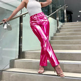 Bonnyshow Silver Summer Straight Women's Pants PU Clothing Solid Casual Pocket Trousers Streetwear Fashion High Waist Ankle-Length Pants