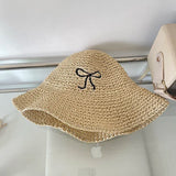 Bonnyshow Sunmmer Bow Kont Straw Hat Japanese Y2k Fashions UV Sunscreen Beach Hat Weave Bucket Hat Women's Sun Cap Beach Accessories