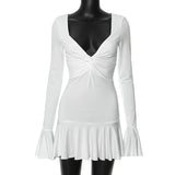 Bonnyshow Long Sleeve White Casual Dress Ruffles Flounce Pleated Sexy Plunging Neck Bodycon Evening Party Dresses