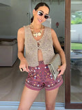 Bonnyshow  Embroidery Women's Shorts Elegant High Street Patchwork Contrast Short Pants Lady Summer Fashion New Lady Streetwears 2025
