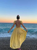 Bonnyshow  Olive Green Off Shoulder Puff Sleeve Maxi Dress Women Ruched Elastic Waist 2025 New Summer Beach Vacation Date Lady Vestidos