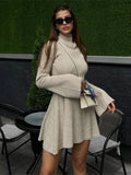 Bonnyshow Long Sleeved Knitted Turtleneck Dress Women's Solid Color A-line Skirt Autumn Stylish Ladies Sweater Knee Length Dress