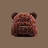 Bonnyshow Cute Bear Plush Beanie Cap Women Winter Warm Thicken Faux Fur Hat Korean Solid Color Cartoon Ears Female Skullcap Bonnet
