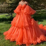 Bonnyshow Chic Fire Orange Tiered Organza Evening Dresses Prom Gowns With Puff Full Sleeves Off The Shoulder Party Dress Vestido Formatura
