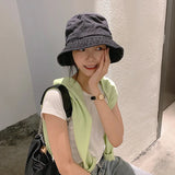 Bonnyshow Retro Denim Bucket Hat for Women Solid Color Foldable Fisherman Cap Summer Outdoor Wide Brim Panama Sun Hats Gorras