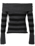 Bonnyshow Off Shoulder Slim Knitted Stripe Jumper Women Lace-Up Slash Neck Long Sleeve Sweater Tee Korean Fashion Street Knittwear