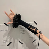 Bonnyshow Lolita Ballet Strap Lace Gloves Y2K Fingerless Gothic Sunscreen Sleeve Women Lolita Clothing Accessories Mesh Anime Punk Gloves