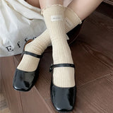 Bonnyshow Korean Cotton Ruffles Middle Tube Socks for Women Solid Color Label Pile up Socks Japanese Lolita Girl Accessories New year gift
