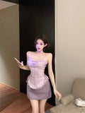 Bonnyshow  Lolita Girl Suit Women Clothes Purple Lace Y2k Slim Skirt Set Sleeveless Sexy Tank Top Bows Mini Skirt 2 Piece Outfits