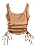 Bonnyshow New Arrival Girls Casual Solid Colour Two Side Drawstring Vest Folds Shirring Sexy Tank&Camis