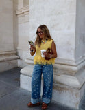 Bonnyshow  Trendy Yellow Fringe Patchwork Woman Vest Top Boho Chic Sleeveless Summer Knit Streetwear 2025 Fashion Hollow Out Casual Blouse
