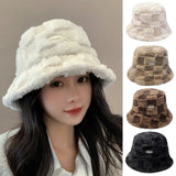 Bonnyshow Winter Bucket Hat for Women Plaid Warm Plush Fisherman Cap Korean Ladies Faux Rabbit Fur Thicken Bob Panama Hats gorro