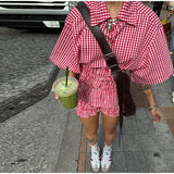 Bonnyshow  Casual Plaid Women's Shorts Set Lapel Short Sleeve Waist Cinching Pleated Shirt Top Checkered Short Pant Female Beach Outfit
