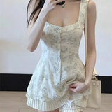Bonnyshow  Two-Piece Floral Suspender Dress Slim Leggings For Women Summer New Holiday Dress French Princess Short Party Dresses