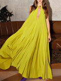 Bonnyshow  Women's Vibrant Yellow Halter Wrap Maxi Dress Deep V-neck Sexy Pleated Long Evening Dresses Elegant Photoshoot Dress