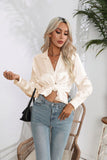 Bonnyshow  Women Spring Autumn Style Satin Blouses Shirts Lady Casual Long Sleeve Notched Collar Solid Color Blusas Tops