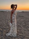 Bonnyshow  Retro Knitted Hollow Halter Beach Dress Lady Sexy Backless Sleeveless Lace Up Slim White Long Dresses Female Summer Chic Holiday