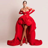 Bonnyshow Striking Red Bubble High Low Evening Dresses Sexy Cut Out Sweetheart Straps Long Eveing Gowns Formal Wedding Party Dress