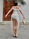 Bonnyshow  Fashion Sweet 2 Piece Set Women One Shoulder Fishbone Tops+Multi-Layered Ruffles Tassel Mini Skirt Flowers Matching Suit