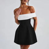 Bonnyshow Off Shoulder Backless Short Sexy A-line Dress Women Elegant Party Dress Slash Neck Bodycon Mini Summer Dress Vestidos