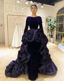 Bonnyshow Amazing Dark Purple 3D Flower Long Evening Dresses With Detachable Train Full Sleeves Modest Velvet Long Formal Dress Prom Gowns