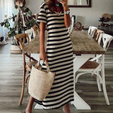 Bonnyshow Round Short Sleeve Dress Black And White Striped Dresses Casual Elegant Side Split V Neck Sheath Slim Dress Summer Bodycom Dress