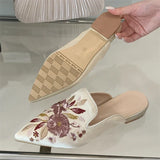 Bonnyshow  Summer Pointed Toe Women Slippers Fashion Vintage Embroidery Square Low Heels Party Dress Mules Shoes