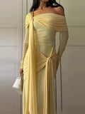 Bonnyshow  Solid Off Shoulder Asymmetric Straps Maxi Dress Long Sleeve Fitted Patchwork 2025 Summer Elegant Vestidos Chic Party Lady Robe