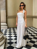 Bonnyshow  Elegant Women's Maxi Dresses Polka Dot Halter Sleeveless Slim Fit Bodycon Beach Style High Split Vestidos Female Robes