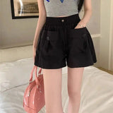 Bonnyshow  Design Sense Double Pocket Shorts Women'S Solid Spliced Button Pocket Drawstring Loose Casual High-Waist Wide Leg Trousers