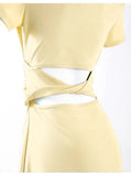 Bonnyshow  Summer Women's Korean Graceful Square Collar Slim Dress Lady Fashion Joker Solid Long Short Sleeve Dresses 2025 New Clothing