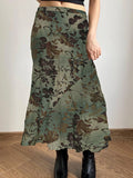 Bonnyshow Forest Green Y2K Aesthetic Plant And Flower Print Long Skirts Womens Elegant Vintage Clothing