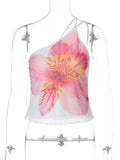 Bonnyshow  Sexy Diagonal Collar Floral Print Irregular Tops for Women 2025 Summer Diagonal Collar Backless Crop Top Y2K Girls Camisoles