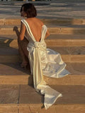 Bonnyshow  Side Split Backless Wer Long Dress Women Sleeveless Pleated Elegant White Evening Party Dresses Beach Babyoung Loose Lady Robe