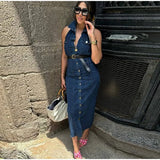 Bonnyshow  Fashion Halter Belt Jeans Long Dress For Women Single Breasted High Waist Slim Maxi Dress Lady 2025 Summer Chic Street Vestidos