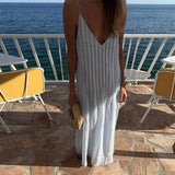 Bonnyshow  Summer Chic Pleated Long Dresses Women Elegant Loose V Neck Sleeveless High Waist Female Robes Solid Backless Lady Beachwear