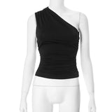 Bonnyshow Solid Color One Shoulder Backless Shrink Tank Top T-Shirt Candy Color Tight Sexy Sleeveless Neckless Slim Casaul Top