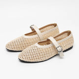 Bonnyshow  Hollow Out Weave Mary Janes Shoes Women Pu Leather Breathable Summer Flats Shoes Ladies Pointed Toe Elegant White Loafers New