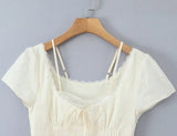 Bonnyshow  Retro Beige Hollow Out Embroidery Mini Dress Sweet Girl Short Sleeve A-line Slim Summer Dresses Holiday Robe