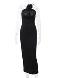 Bonnyshow  Flower Bodycon Maxi Dresses For Women Folds Slim Black Sundress Women's Sexy Backless Party Temperament Dresses Woman