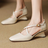 Bonnyshow  Women's genuine leather narrow band cross strap 5cm high heel sandals elegant ladies daily slim dress heeled shoes for woman hot