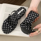 Bonnyshow  Comfort Soft Sole Wedge Slipper Women Elegant Bow Polka Dot Design Brand Slide Sandal Fashion Narrow Band Dress Zapatos De Mujer