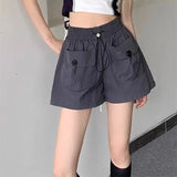Bonnyshow  Design Sense Double Pocket Shorts Women'S Solid Spliced Button Pocket Drawstring Loose Casual High-Waist Wide Leg Trousers