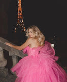 Bonnyshow Stunning Fuchsia High Low Tulle Evening Dresses Fluffy Tiered Tutu Tulle Long Women Maxi Dress To Birthday Party Bridal Dress