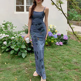 Bonnyshow Blue Maxi Dresses Women New Summer Sexy Backless Sling Sleeveless Dress Fashion Print Streetwear Casual Slim Party Lady Dresses