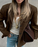 Bonnyshow  Women's Vintage Solid Suede Jacket Coat Turndown Collar Single Breasted Long Sleeve Outerwear Autumn Streetwear Fashion Jackets