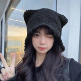 Bonnyshow Winter Knitted Plush Hat Women Cute Cartoon Bear Ear Ear Protection Cap Korean Autumn Solid Color Warm Windproof Hats